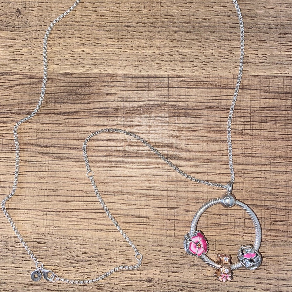 Pandora Necklace with 3 charms. Wore only a few times. Looks brand new. - Picture 2 of 7
